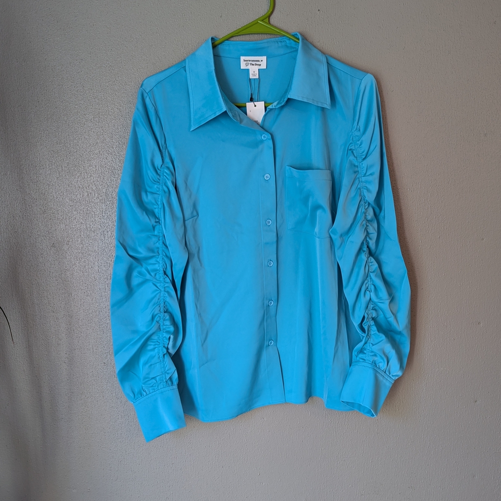Vibrant Blue Button Down Shirt with Ruched Sleeves Medium - Picture 1 of 6